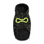Camouflage dog coat with a bright yellow bone design on a white background