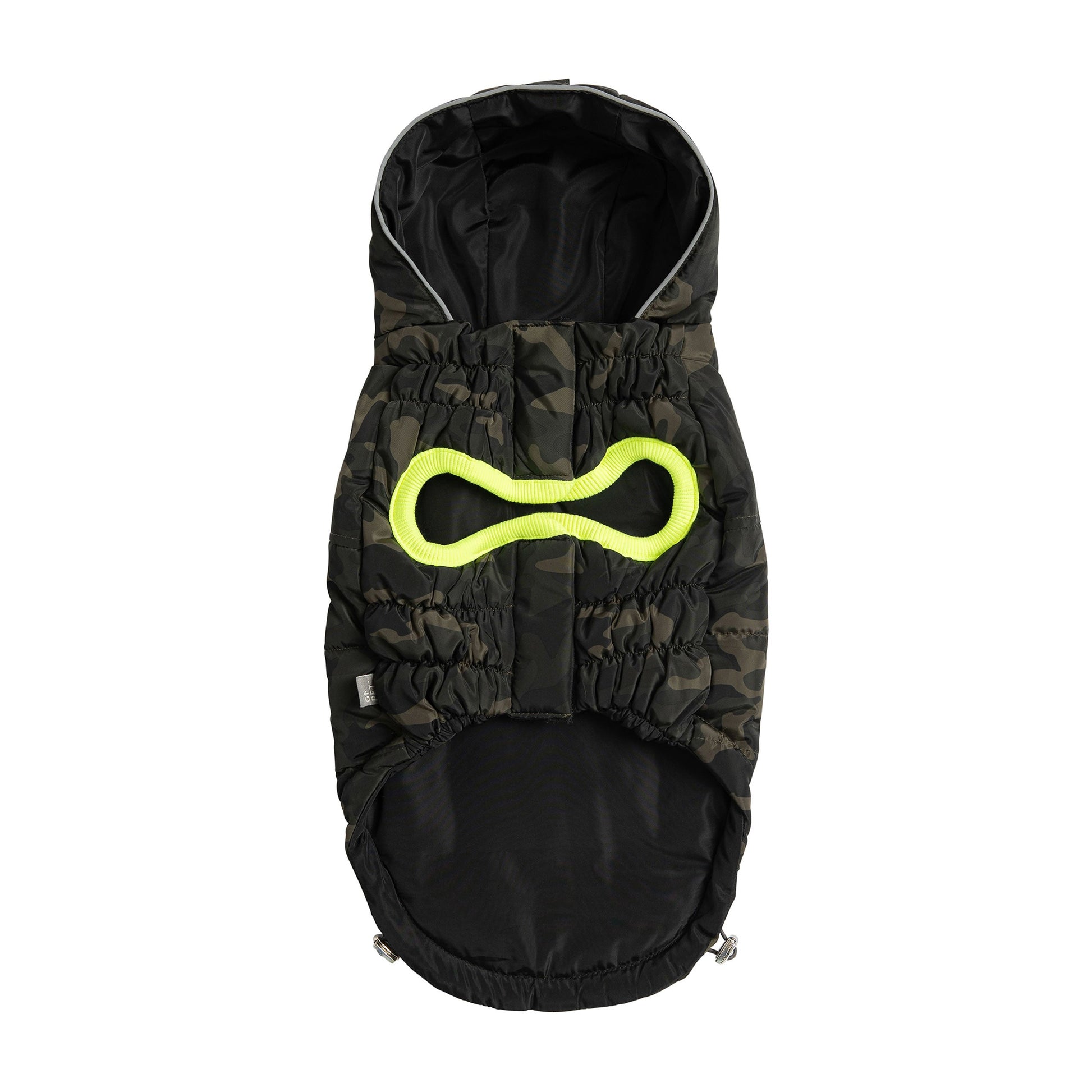 Camouflage dog coat with a bright yellow bone design on a white background