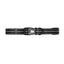 Black and white striped dog collar with a brand logo on a white background