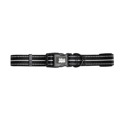 Black and white striped dog collar with a brand logo on a white background