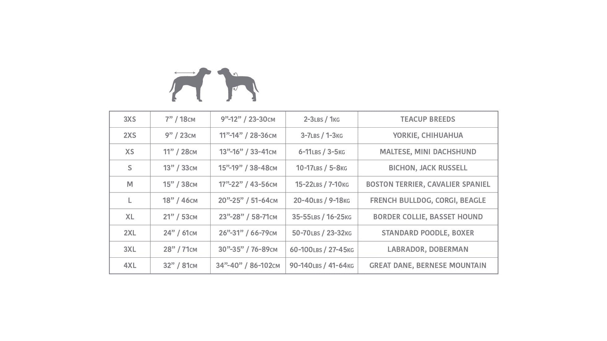 Dog size chart with breed classifications on a white background