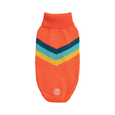 Orange dog sweater with blue and yellow zigzag pattern on a white background