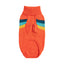 Orange knitted dog sweater with colorful stripes on a white background