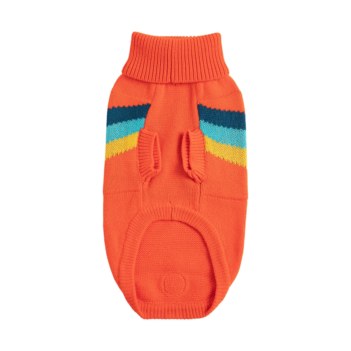 Orange knitted dog sweater with colorful stripes on a white background