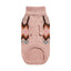 Pink knitted dog sweater with geometric pattern on a white background