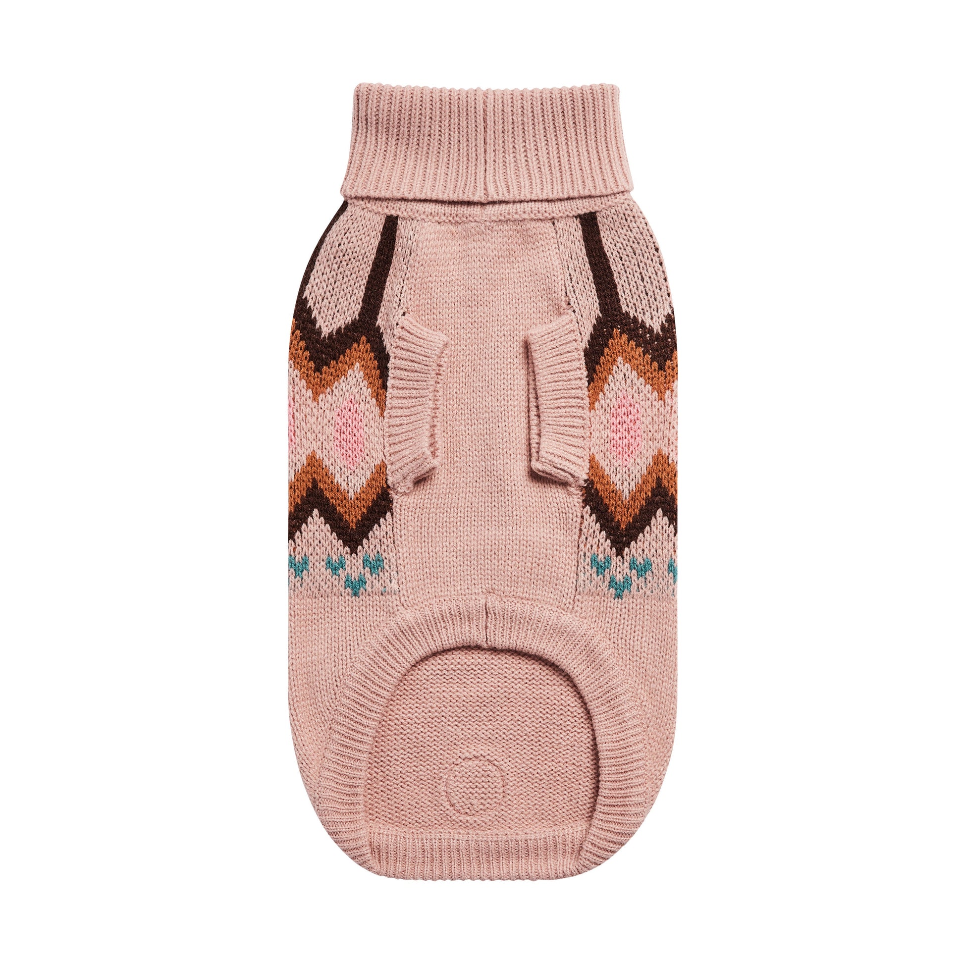 Pink knitted dog sweater with geometric pattern on a white background