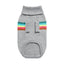 Gray dog sweater with colorful striped accents on a white background