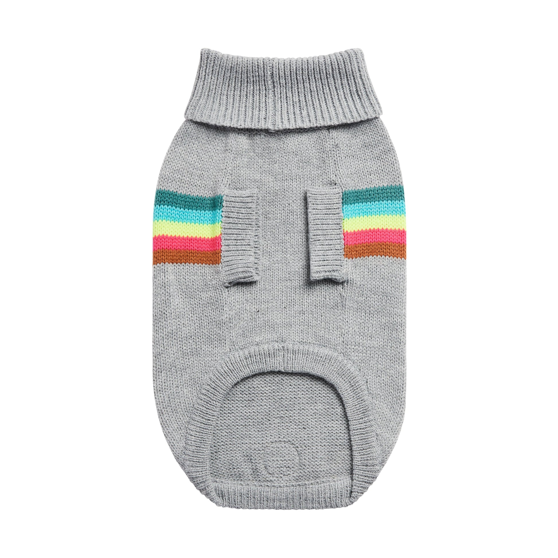 Gray dog sweater with colorful striped accents on a white background