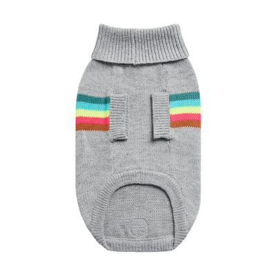 Gray dog sweater with colorful striped accents on a white background