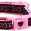 Pink and black cat collar with a bell on a white background
