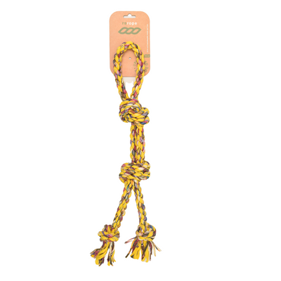 Yellow and purple braided rope toy on a white background with a brand card above it.