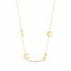 Gold necklace with bone and paw print charms on a white background