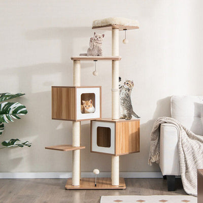 Modern Wooden Cat Tree with Perch Condos and Washable Cushions-Natural-0