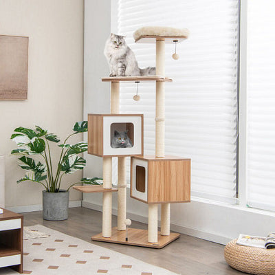 Modern Wooden Cat Tree with Perch Condos and Washable Cushions-Natural-1