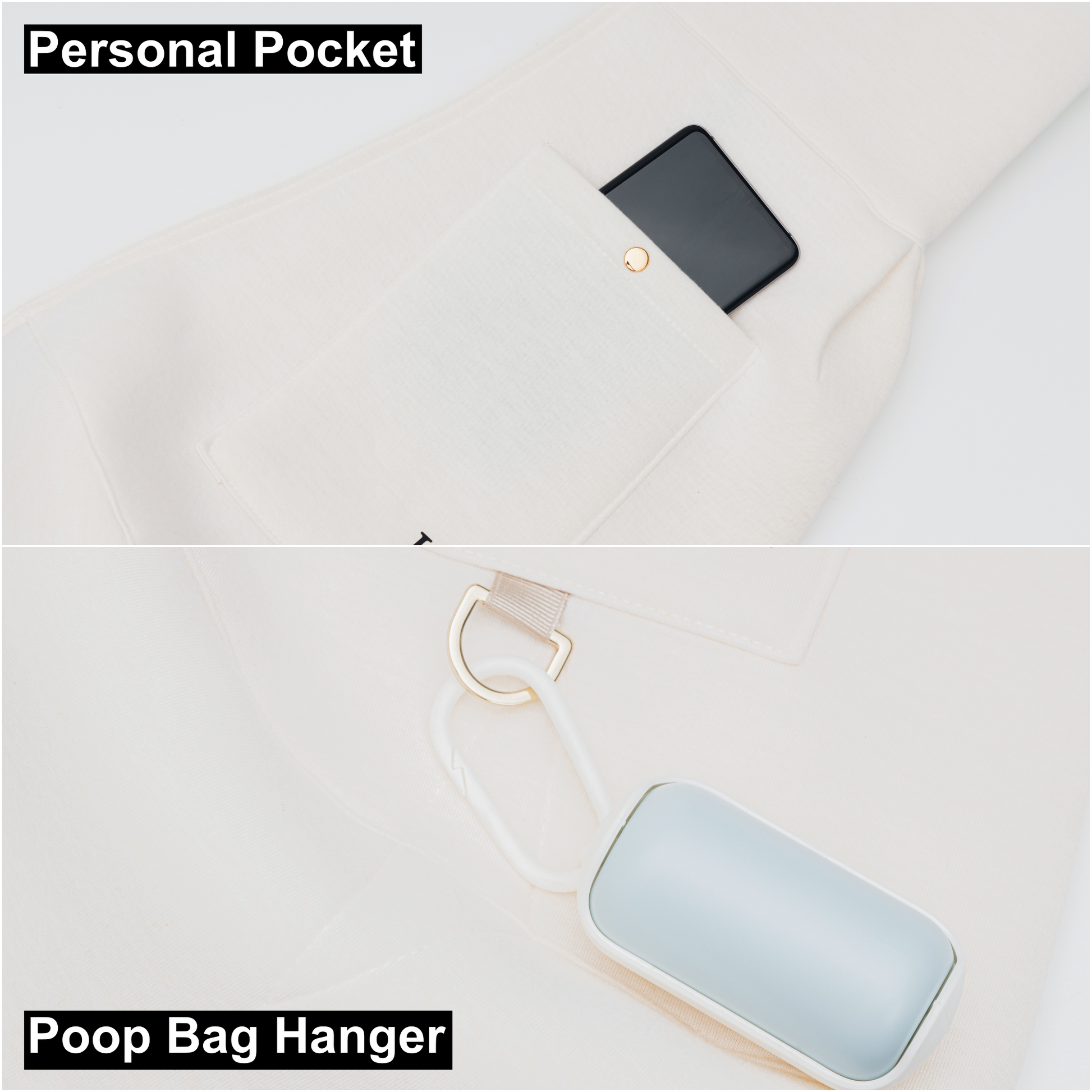 Top view of a phone in a personal pocket on a white surface, with a poop bag hanger shown below.
