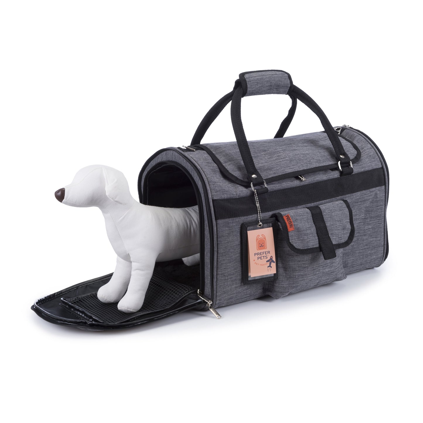 Gray pet carrier with a white dog model on a white background
