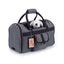Gray pet carrier with a dog inside on a white background