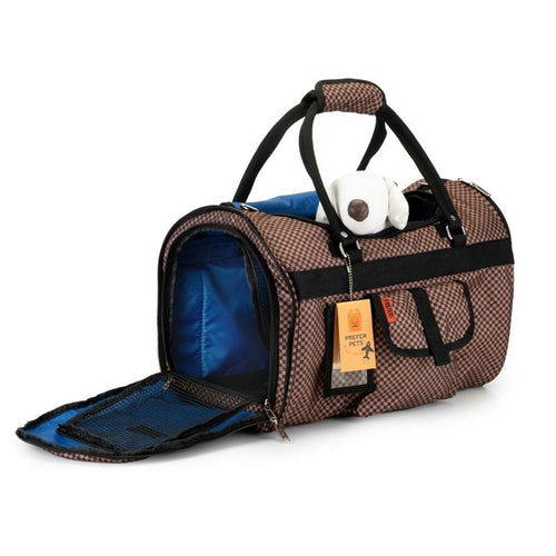 Pet carrier with a blue interior and brown checkered exterior, featuring a tag on a white background.