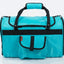 Turquoise duffel bag with black straps on a white background