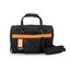 Black duffel bag with orange stripe on a white background