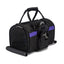 Black pet carrier with purple accents on a white background