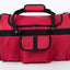 Red duffel bag with black straps on a white background