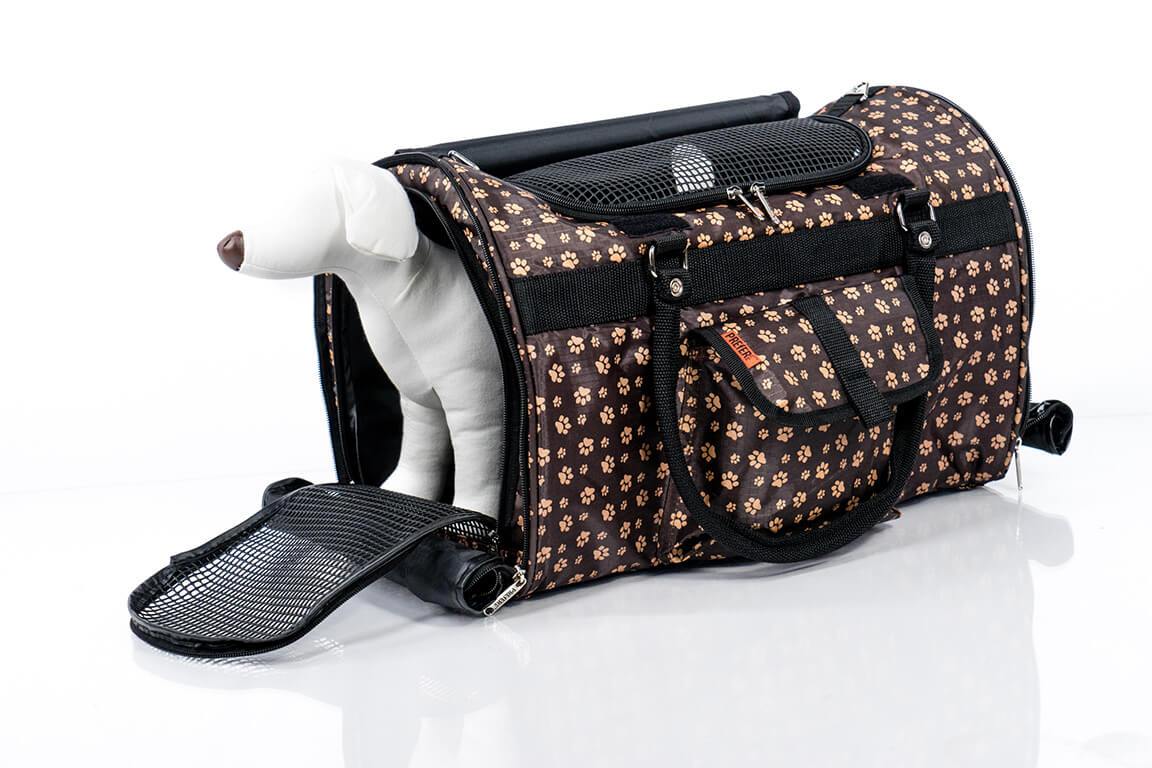 Pet carrier with floral pattern on a white background