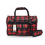Red and black plaid duffel bag with a smaller pouch on a white background