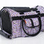 Pet carrier with purple and white geometric pattern on a white background