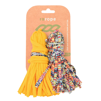 Yellow rope and multicolored patterned rope on a re rope branded card.