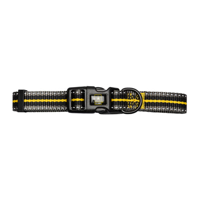 Dog collar with black and yellow pattern on a white background
