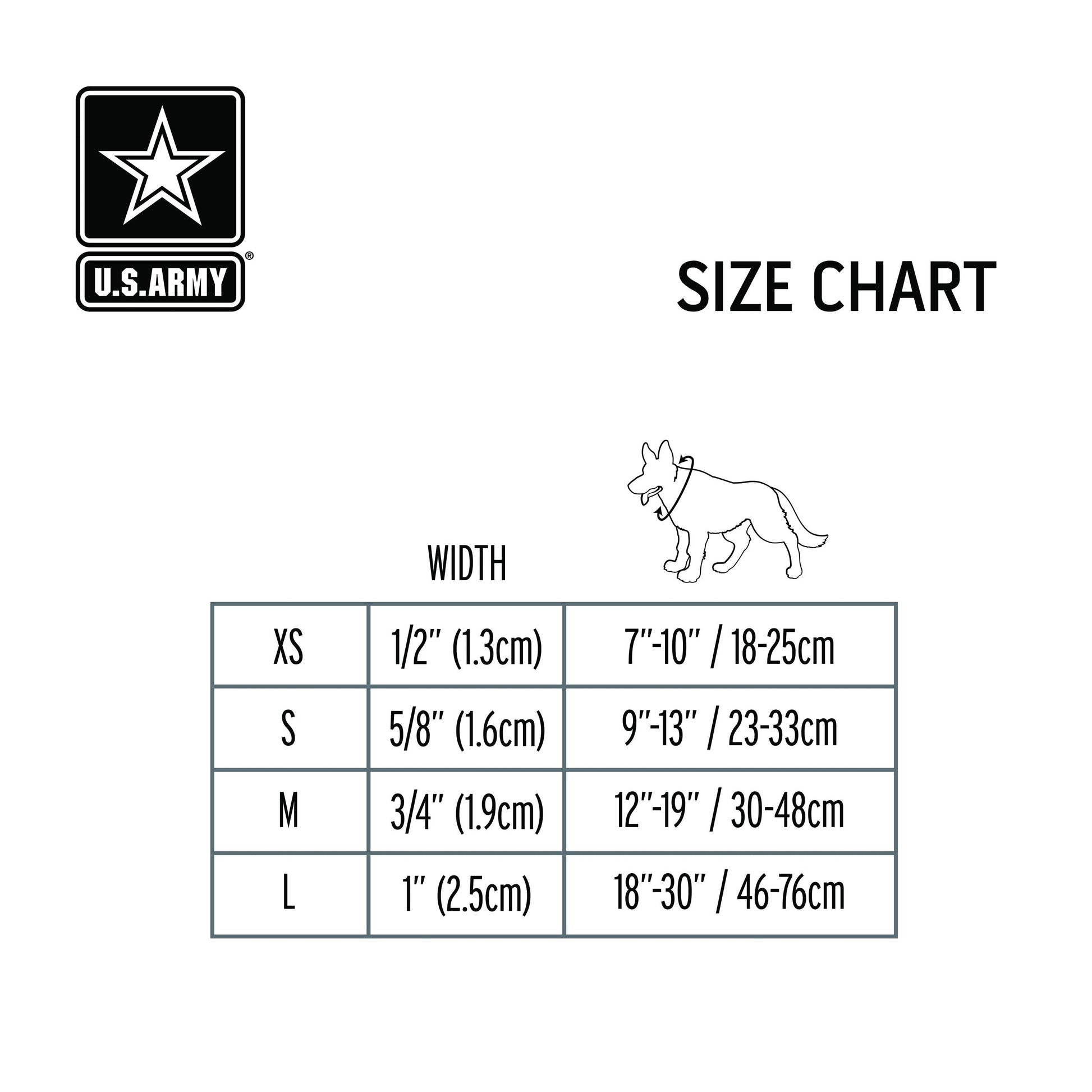 U.S. Army size chart for dog collars with measurements in width and circumference.
