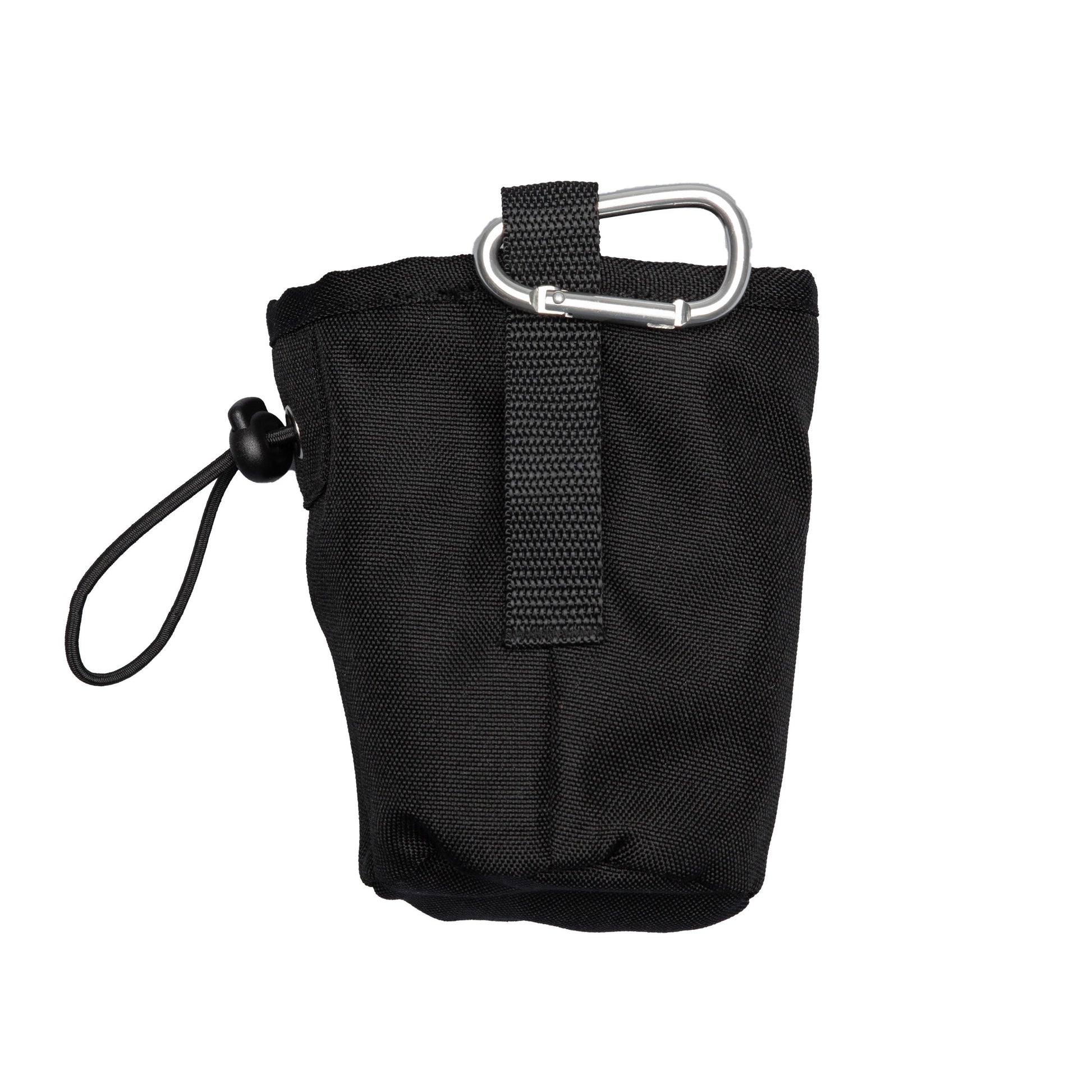 Black pouch with a carabiner on a white background
