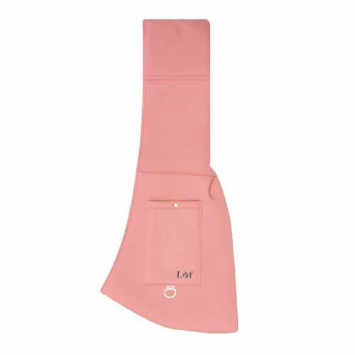 Pink apron with a brand logo on a white background