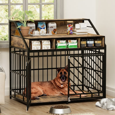 Dog crate with a dog inside, surrounded by pet supplies on a wooden shelf.