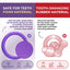 Comparison of safe foam material and tooth-damaging rubber material for dog toys, with text and icons indicating safety features.