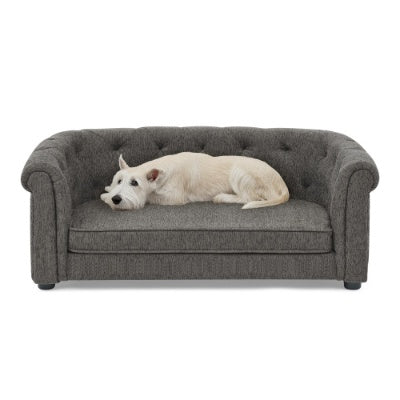 Dog lying on a gray pet sofa against a white background