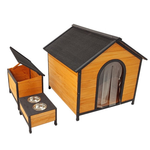 Wooden pet house with attached feeding station on a white background