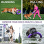 Four images showing a dog playing with a purple toy labeled 'Running', 'Pulling', 'Jumping', and 'Swimming' with text about improving a dog's health and skills.