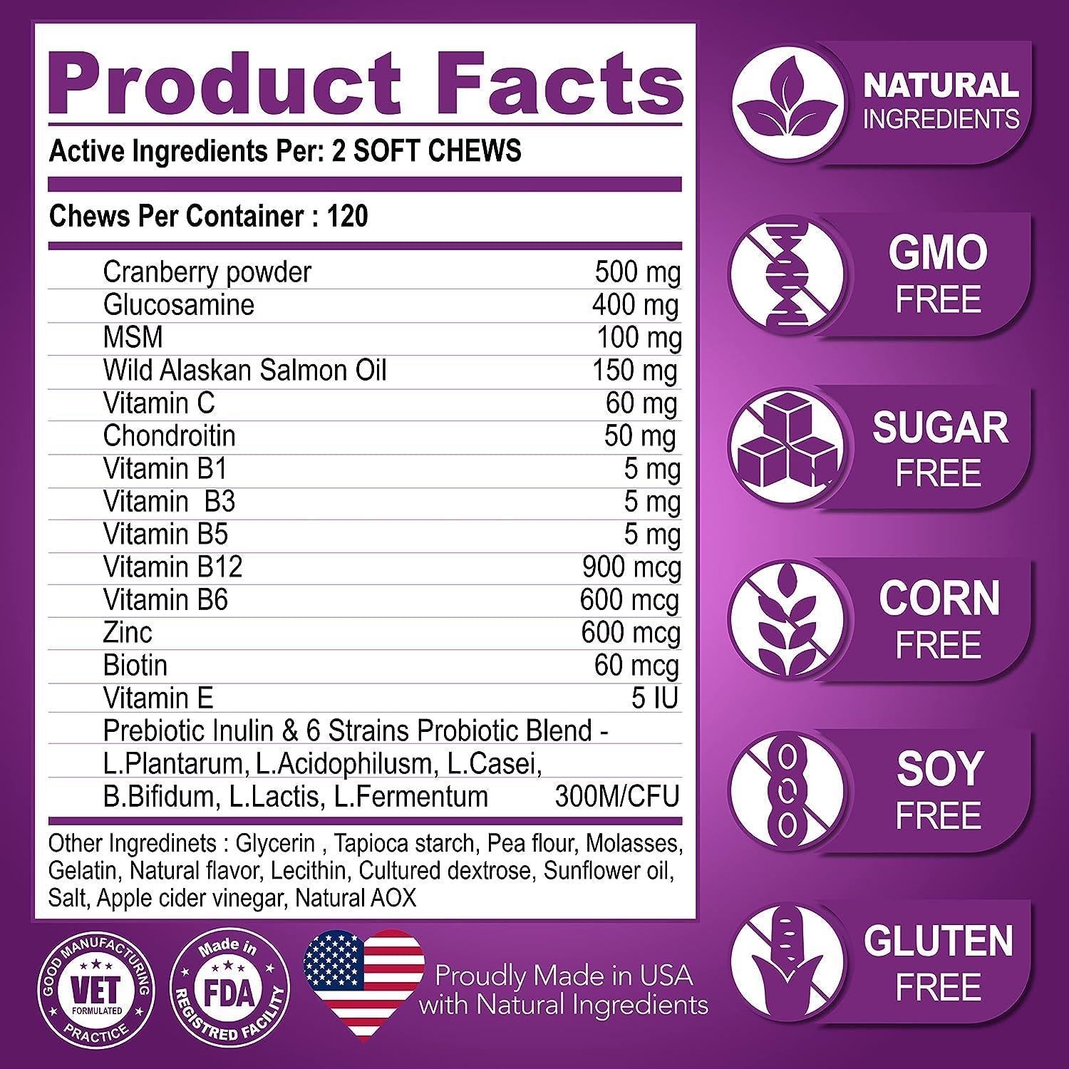 Product facts label for dietary supplements with purple background and white text.