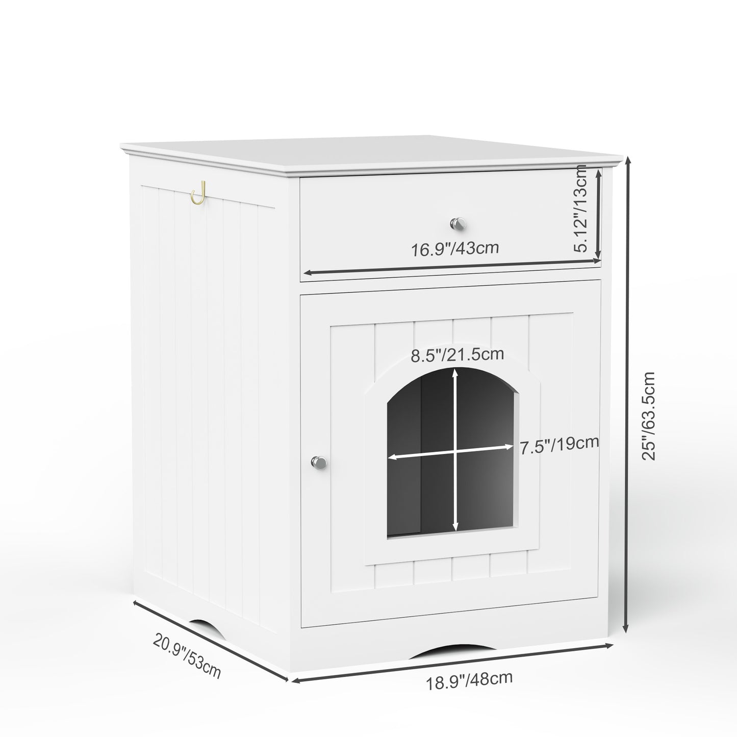 White pet cage with dimensions displayed on a white background