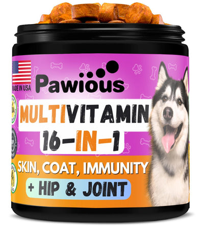 Pawious multivitamin supplement for dogs with a dog on the label