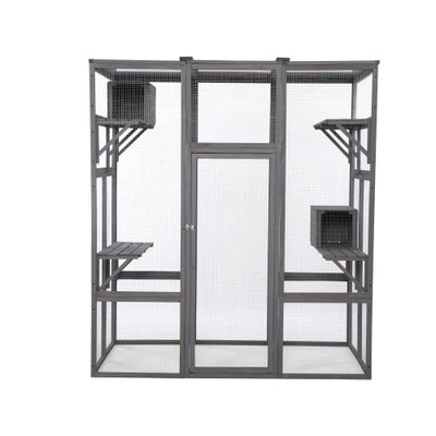 Large bird cage with multiple perches on a white background
