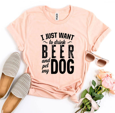 Peach t-shirt with humorous text, accompanied by slippers, sunglasses, and flowers on a white background