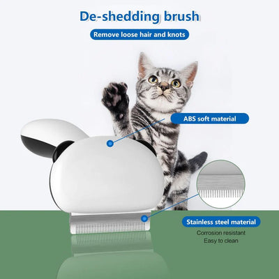 Cat grooming brush with features highlighted on a white background