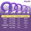 Purple dog toy puller with size chart on a purple background