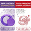 Comparison of safe and tooth-damaging materials for dog toys, with a purple foam toy on a white background.