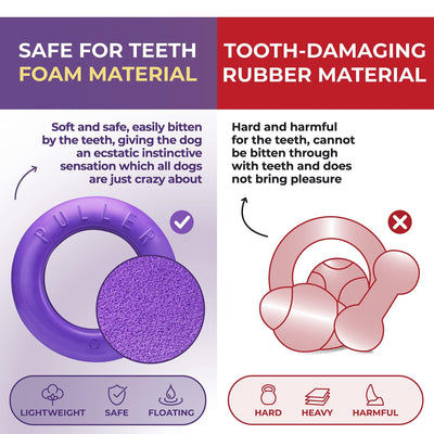 Comparison of safe and tooth-damaging materials for dog toys, with a purple foam toy on a white background.