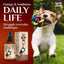 Dog playing with a toy, with Pet Hemp Oil product on a red background, featuring 'Charlie & Buddy' branding.