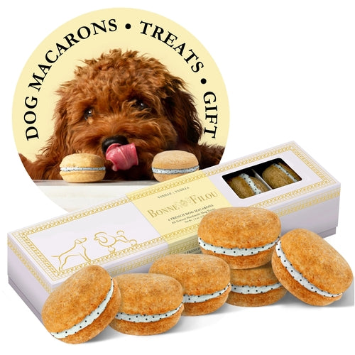 Dog macarons with a box and a plaque featuring a dog, labeled 'Dog Macarons Treats Gift'.